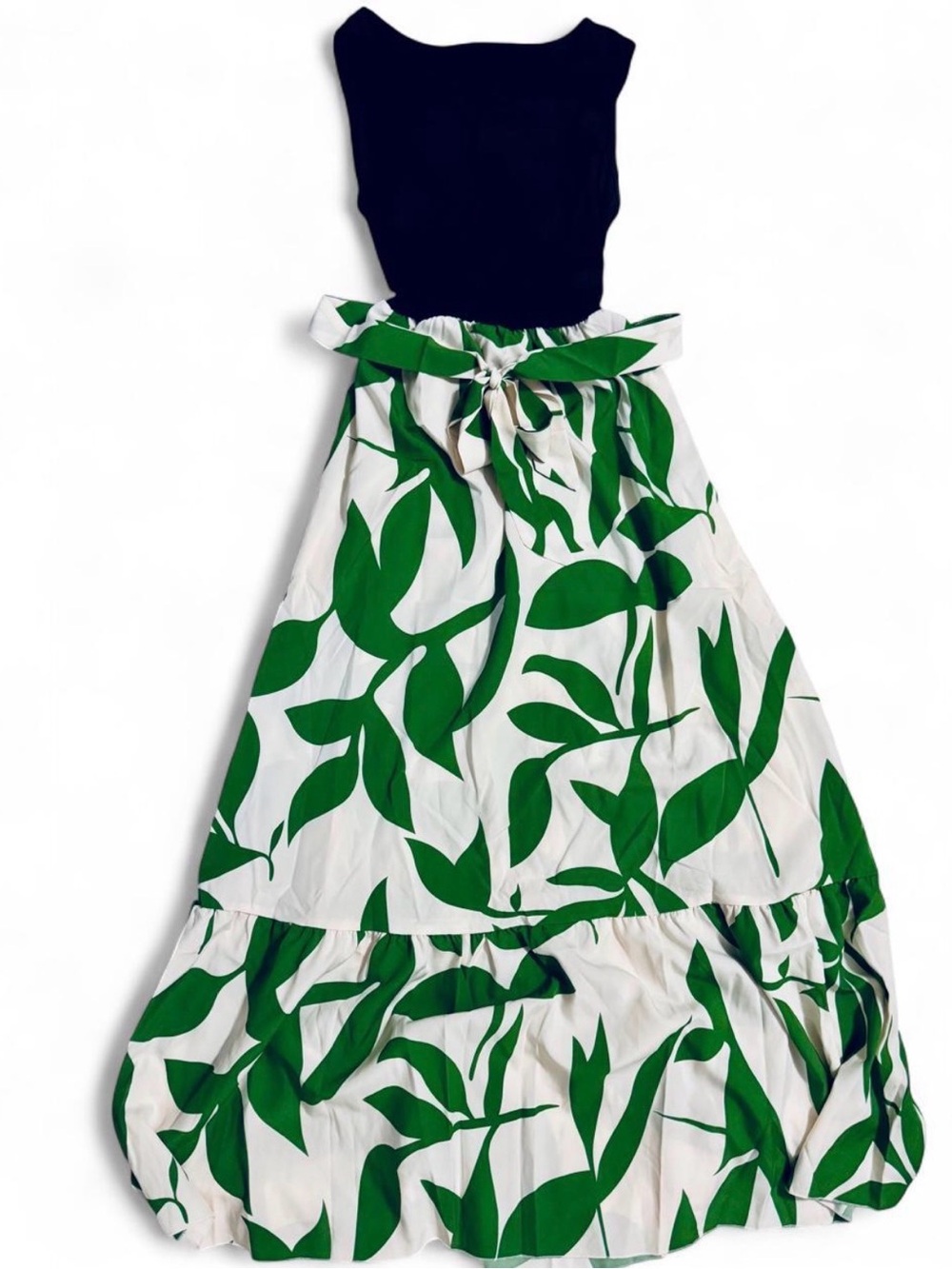Amazon Essentials Black Bodice White Maxi Dress with Green Leaf Print